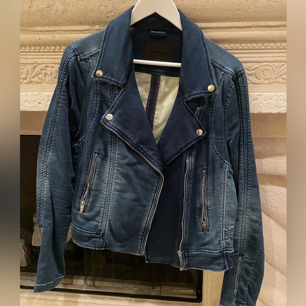 Distressed denim motorcycle jacket